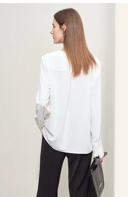 Autumn New Elegant Blouses Women 2025 V-neck Solid Long Sleeve Shirts Female Fashion Office Lady Straight Clothing 12521087