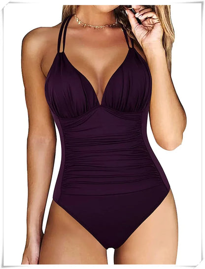 Ruched Wrinkled One Piece Swimsuit Women Swimwear Female Monokini Backless Swimsuits 2025 Bathing Suit Swim Beach Wear Bodysuit