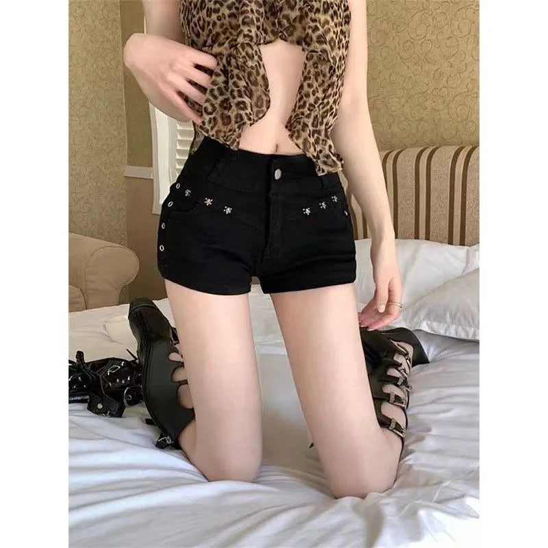 Sexy Low Rise Denim Super Shorts White Women's Summer Rivet Skinny Hot Pant Black Y2k Micro Short Jeans Korean Style Booty Short