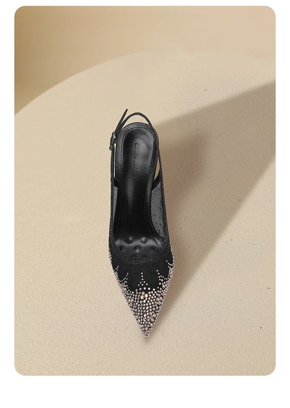 New Baotou sexy sandals with one buckle and summer mesh, rhinestone high heels for women, slim heels, shallow mouth