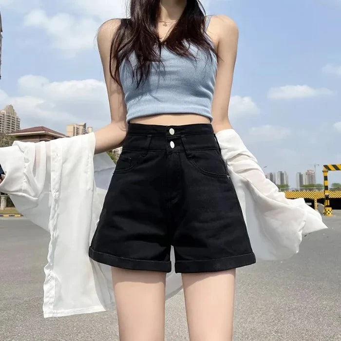 Double-Buckled Straight-Leg Short Jeans Women's Spring/Summer Loose Cuffed Wide-Leg Denim Shorts Trendy Y2K Mini Skirt Cuteore