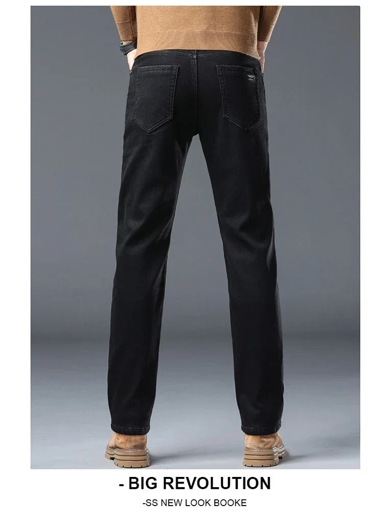 Men's Winter Stretch Fleece Jeans Thickened Warm Loose Straight Velvet Denim Trousers Classic Business Casual Black Work Pants