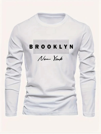 Men's 100% pure cotton loose and comfortable casual sports Brooklyn New York letter printed round neck long sleeved T-shirt top