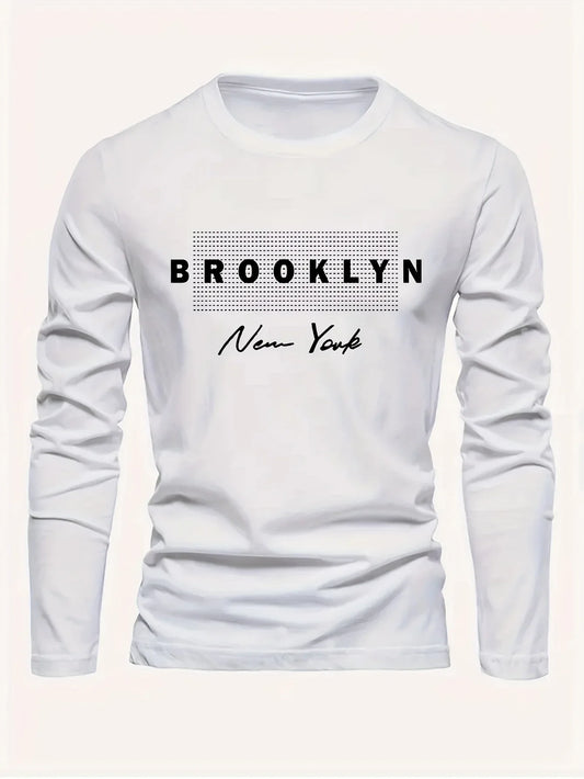 Men's 100% pure cotton loose and comfortable casual sports Brooklyn New York letter printed round neck long sleeved T-shirt top