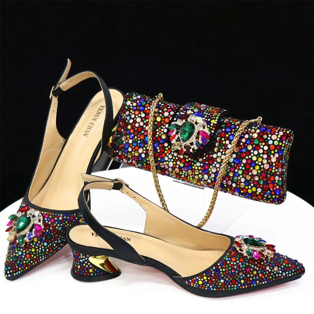 Royal Blue Sandals for Women 2024 Luxury Wedding Pumps Med Heels Rhinestone Design Party Shoes and Bags Set