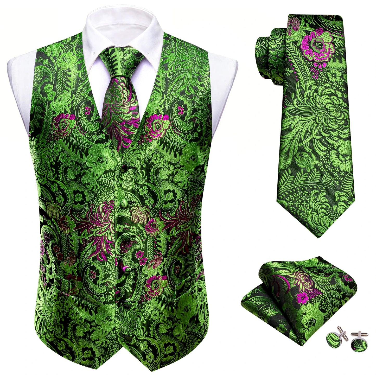 100 Colors Men Vest Tie Hanky Cufflinks Set Waistcoat Paisley Floral Jacquard Sleeveless Jacket Wedding Business