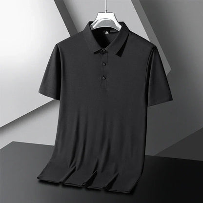 Summer Ice Silk Polo Shirt High-End T-Shirt Solid Color New Half Sleeve Non-Marking Casual Lapels Business Thin Menswear 2025