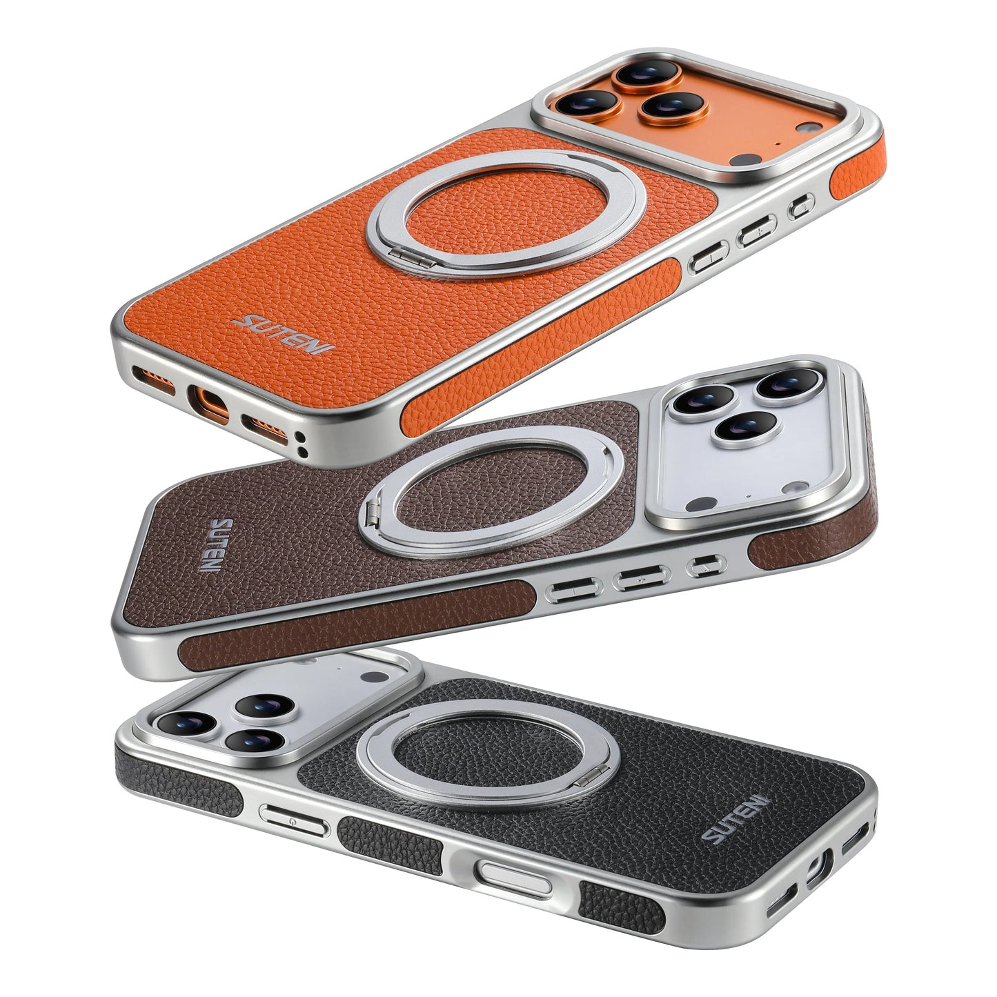 Faux Leather Magnet Wireless Charging Phone Case 360° Rotating Stand Ring Buckle Frosted Feel For iPhone 17 Pro Max 16 15