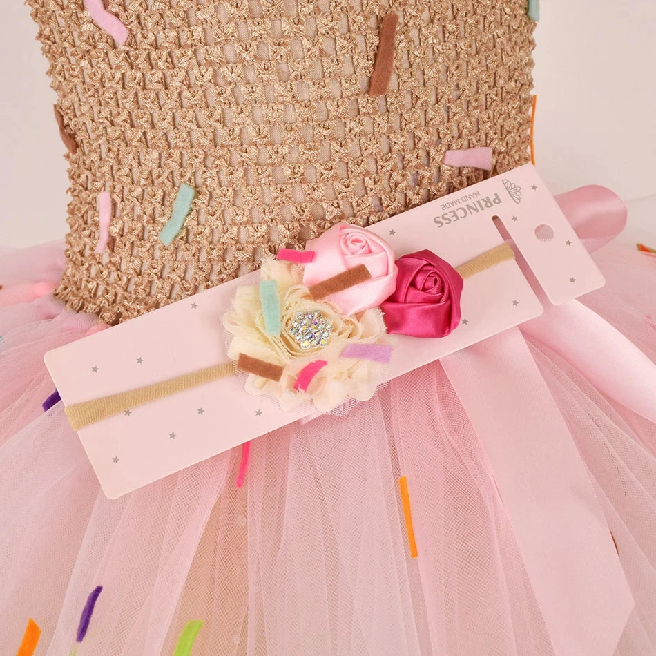 Sweet Ice Cream Candy-Themed Girls Dress for Kids Birthday Carnival Party Rainbow Tutu Children's Costume Wedding Outfits