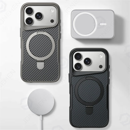 جراب حماية من ألياف الكربون المغناطيسي غير المرئي مع مسند Magsafe لهاتف iPhone 16 17Pro max 14 15 Pro 13 12 Air من المطاط الناعم المدرع