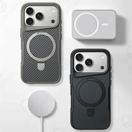 جراب حماية من ألياف الكربون المغناطيسي غير المرئي مع مسند Magsafe لهاتف iPhone 16 17Pro max 14 15 Pro 13 12 Air من المطاط الناعم المدرع
