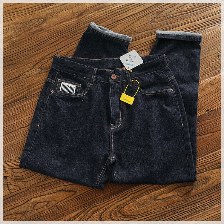 Anti-fading solid color general wash primary color denim jeans men's dark American casual loose straight cone pants