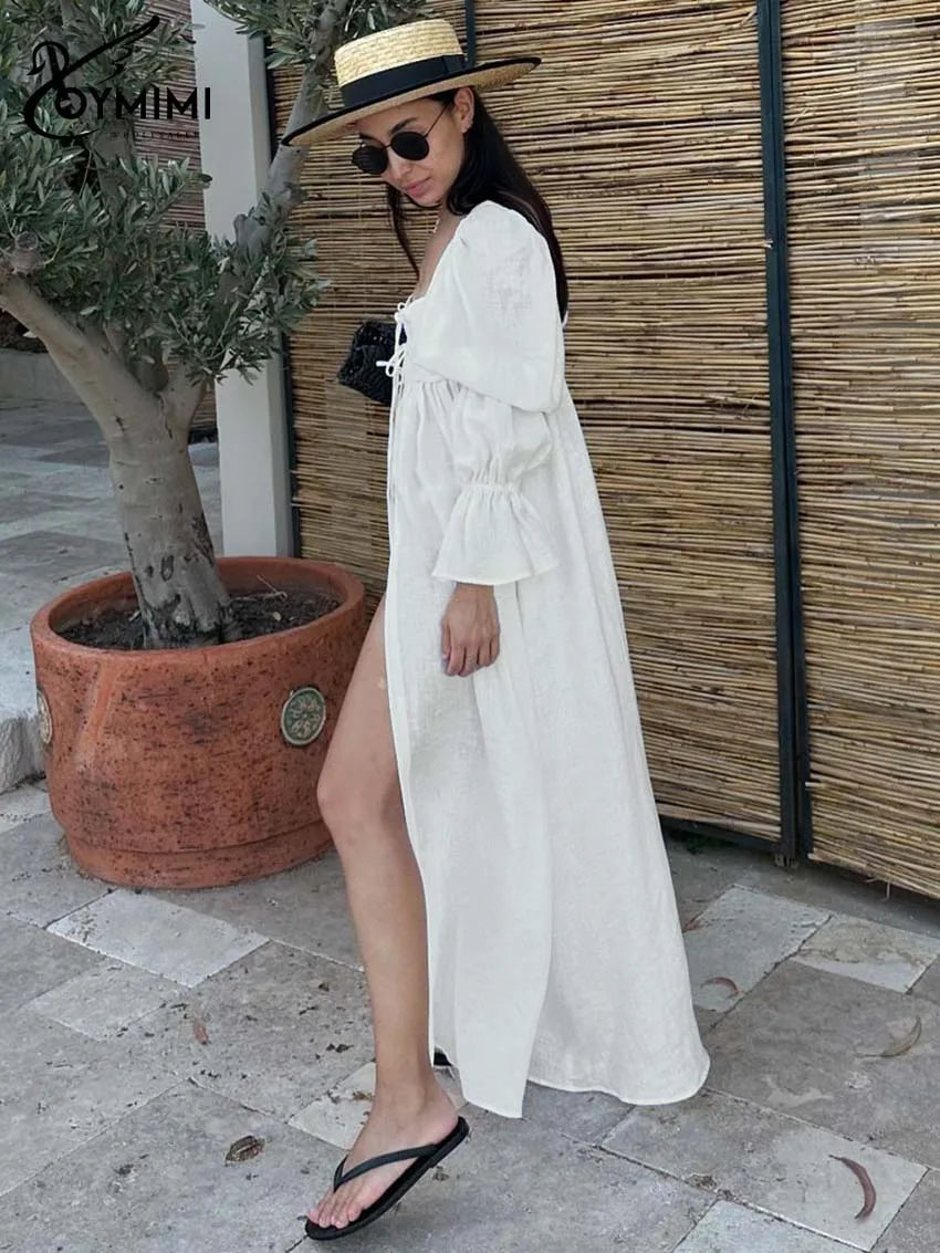 Fashion Black Lace-Up Dresses 2025 Woman Elegant Square Neck Long Sleeve Dresses Casual High Waisted Ankle-Length Dress