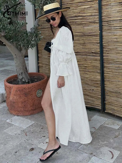 Fashion Black Lace-Up Dresses 2025 Woman Elegant Square Neck Long Sleeve Dresses Casual High Waisted Ankle-Length Dress