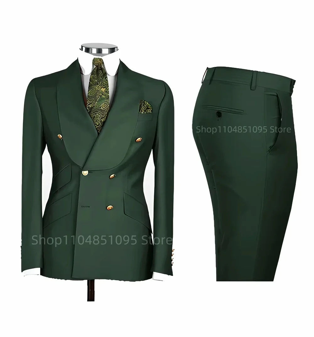 Smart Casual Solid 2 PCS Men Suits Formal Groom Tuxedos Shawl Lapel Double Breasted Jacket Pants Business/Wedding Suits Set