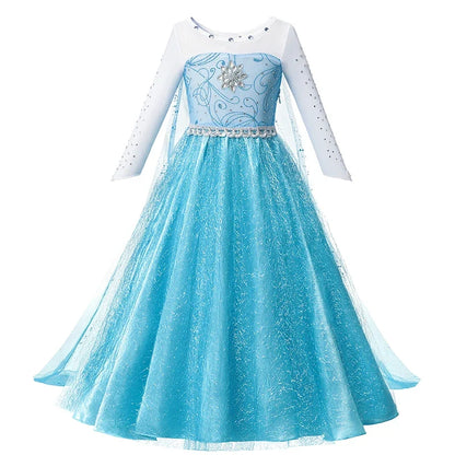 Girls Snow Queen Elsa Anna Long Sleeves Costume Kids Princess Dress Halloween Cosplay Party Prom Gown Vesidos For 2-10 Years