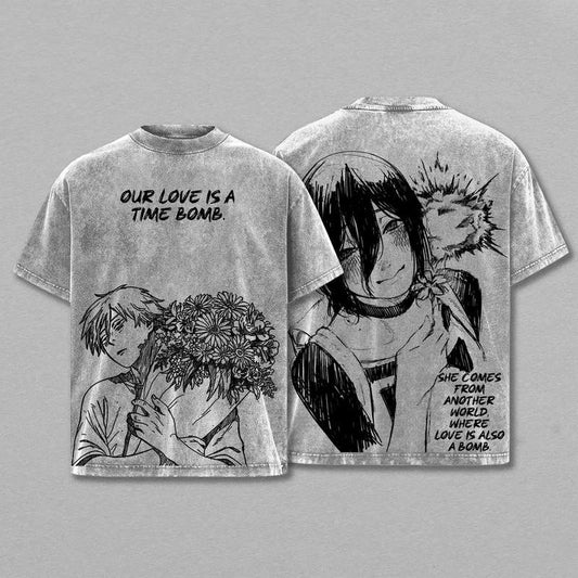 Reze Graphic Printed T-shirt Chainsaw Man Anime Vintage Washed Oversized T Shirt Men Women Clothing Cotton Short Sleeve Tees