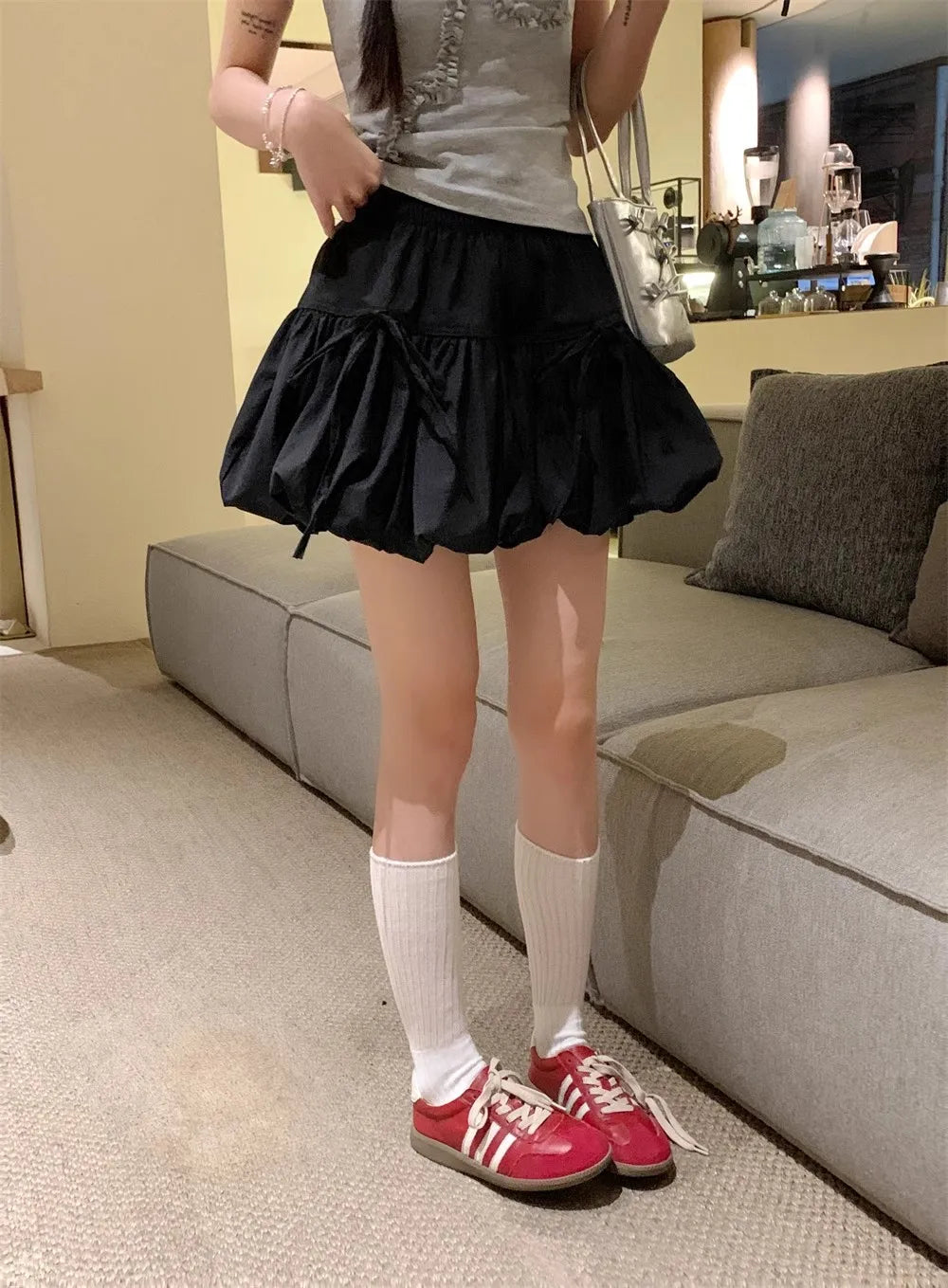 Sweet  Knot Puffy A-Line  Skirt Women's Summer Polyester Fiber High Waist Flower Bud Skirt Casual Sle