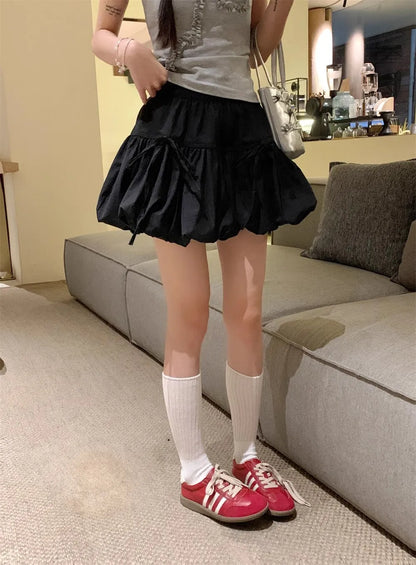 Sweet  Knot Puffy A-Line  Skirt Women's Summer Polyester Fiber High Waist Flower Bud Skirt Casual Sle