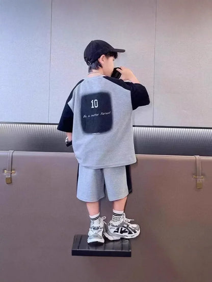 Summer Boys Cotton Leisure Contrast Alphabet T-Shirt+Shorts Pant Set School Kid 2PCS Tracksuit Children Sportswear Outfit 5-16Yr