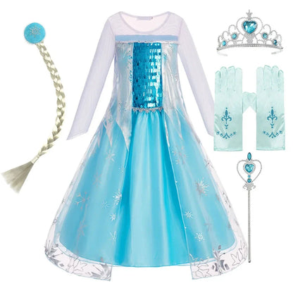 Children Carnival Blue Sequins Elsa Cosplay Dress Girls Elegant Blue Princess Costume Kids Halloween Birthday Party Clothes