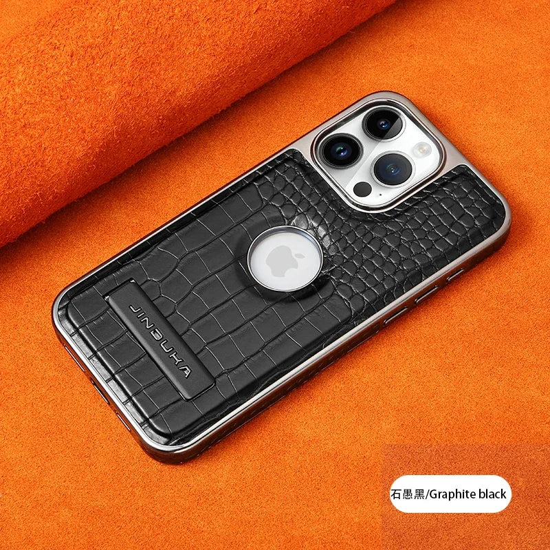 Crocodile Pattern Leather invisible Kickstand Magnetic Case For iPhone 15 16 Pro Max 14 Plus 13 12 Wireless Charging For Magsafe