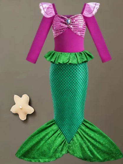 2025 Girls Mermaid Dress Princess Cosplay Party Costumes Summer Purple Elegant Flying Sleeve Fancy Dresses For 2-10Y Kids
