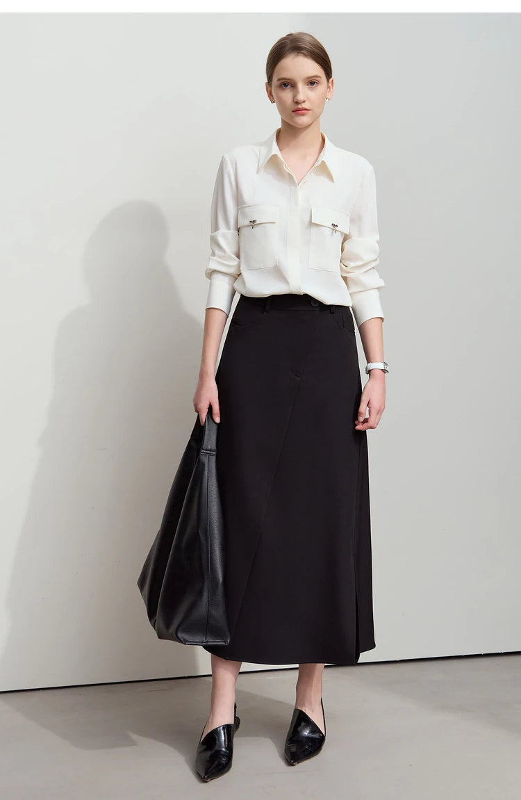 Minimalist Autumn New Commuter Asymmetrical Oblique Placket Split Skirt Non Ironing Anti Wrinkle A Shape Skirt 12551003