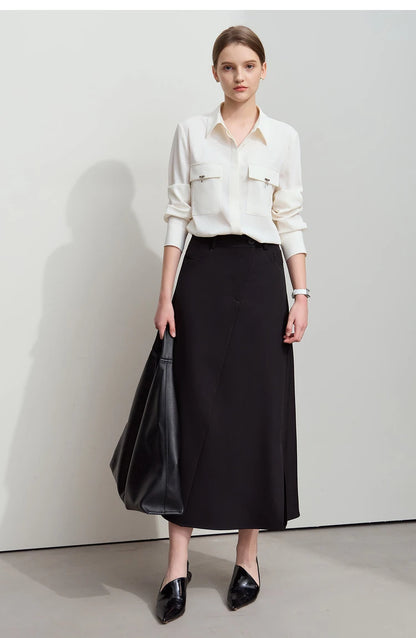 Minimalist Autumn New Commuter Asymmetrical Oblique Placket Split Skirt Non Ironing Anti Wrinkle A Shape Skirt 12551003