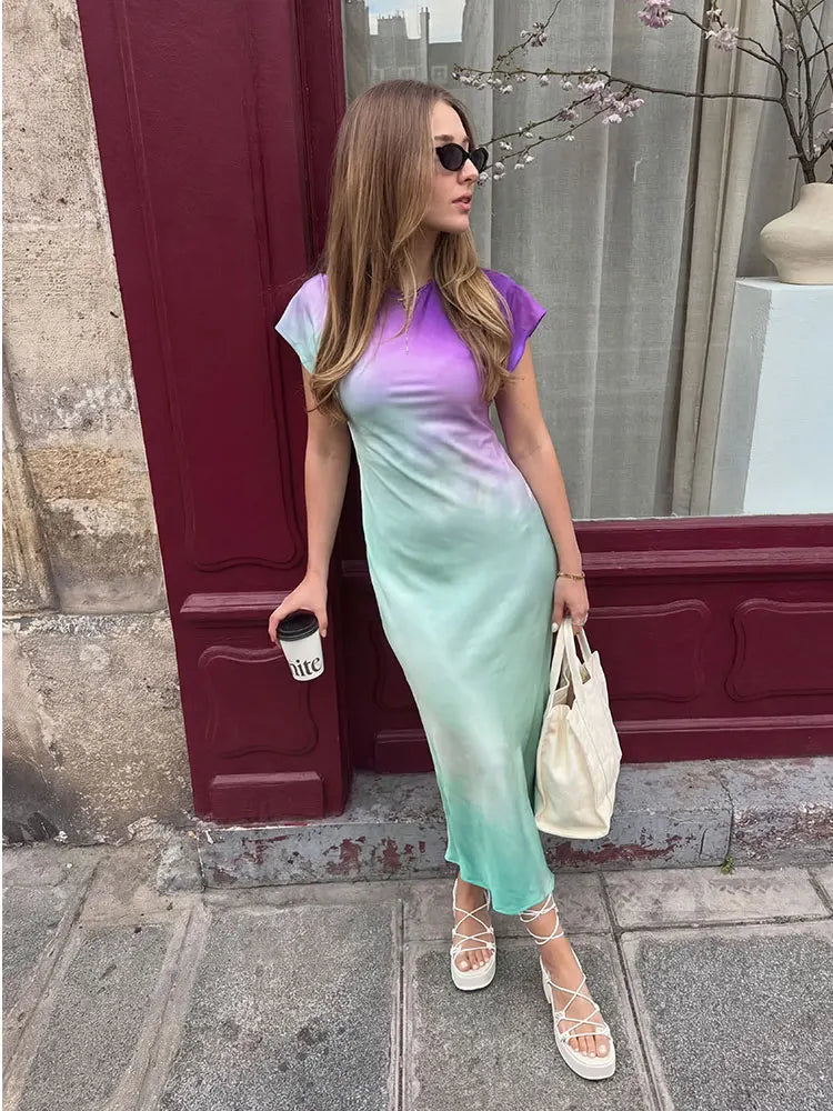Women's Fashion Print Short Sleeve Dress Vintage Tie Dye O-Neck Midi Dresses Spring