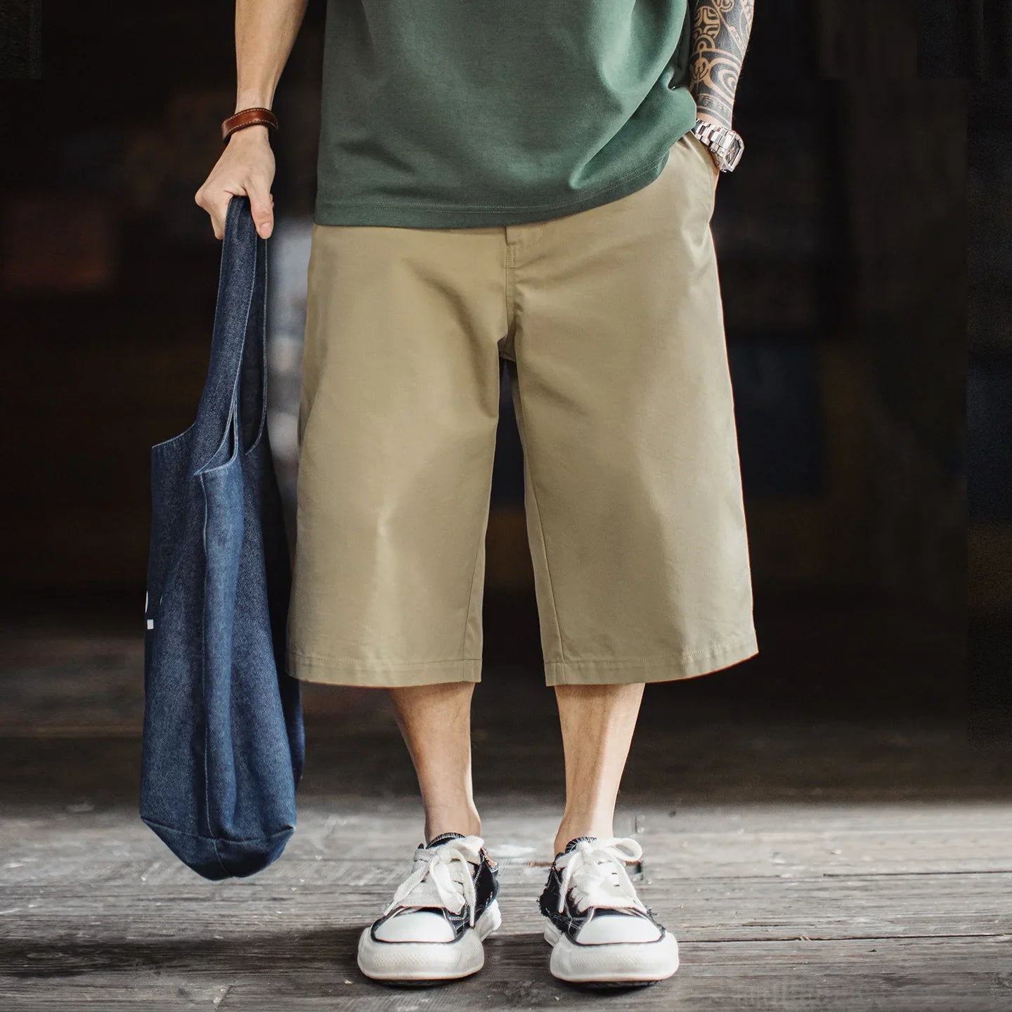 Men's 718 Summer Casual Shorts Japanese Style Solid Color Loose Fit Straight Leg Zipper Fly Commuter Workwear Pants