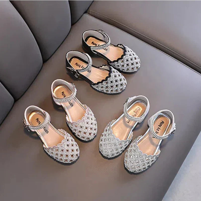 Summer Girl's Sandals Sliver Pink Diamante Luxury Hollow-out Kids Sliders Hook-loop Round Toe Glitter Stylish Children Shoe26-36
