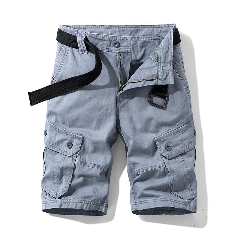 Summer Cargo Shorts Men's Pure Cotton Vintage Washed Multi Pocket Casual Straight Leg Trendy Knee Length Pants Streetwear