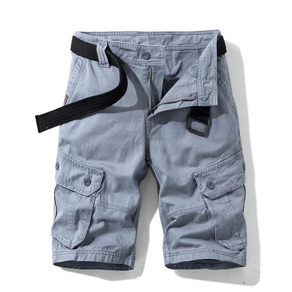 Summer Cargo Shorts Men's Pure Cotton Vintage Washed Multi Pocket Casual Straight Leg Trendy Knee Length Pants Streetwear