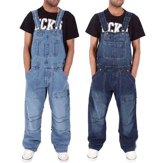 Multi Pocket Denim Overalls Suspenders Baggy Jeans Men'S Street Casual Work Pants Jumpsuits