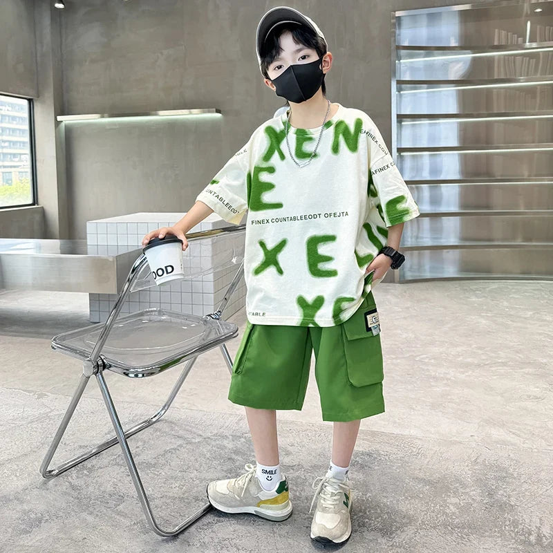 New Fashion Tween Boys Summer Sets Clothing Kids Cotton T-shirt Shorts 2 Pieces Tracksuit Age 5 6 7 8 9 10 11 12 13 14 Years Old