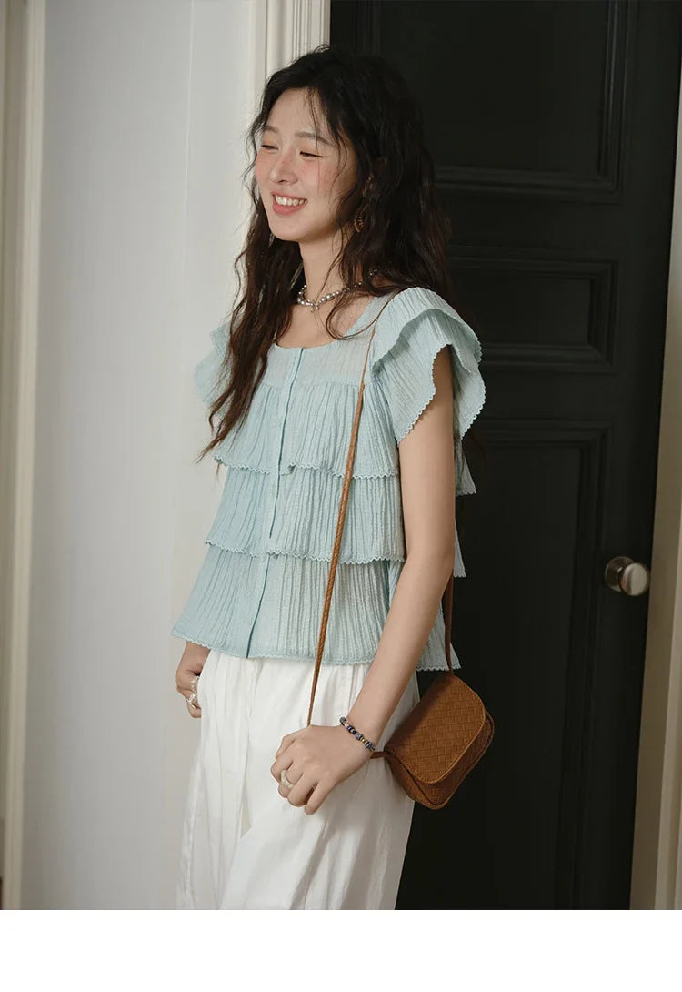 Butterfly Sleeve Chiffon Shirt Women's 2025 Summer New Women's Clothing Retro Square Neck Button Casual Shirt MXD30X1488