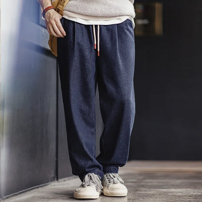 Casual 10oz Jogger Denim Jeans with Elastic Waist Drawstring Washed Straight Trousers for Men's Spring and Autumn Pants