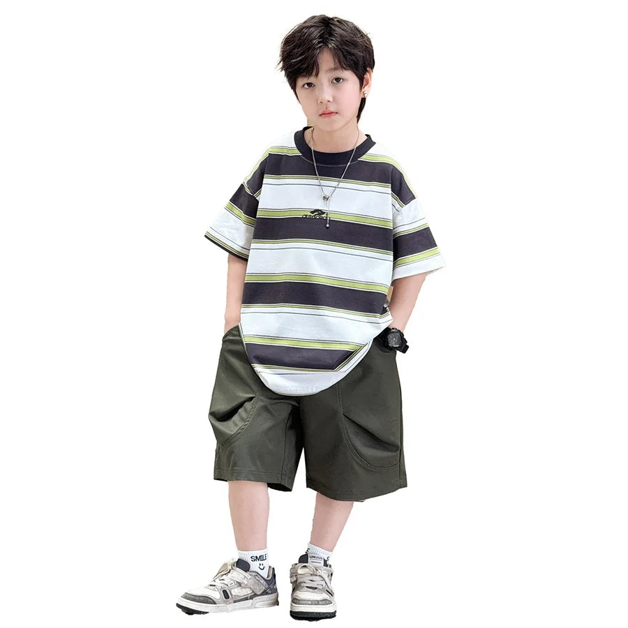 New Arrival Stylish Kids Summer Striped Suit for Teenage Boy Fashion Street Clothing Children Casual T-shirt Shorts 2PCS Set
