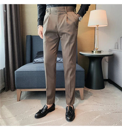 Autumn Winter High Quality Solid Casual Pants Men Belt Design Slim Fit Trousers Formal Office Business Social Party Suit Pants