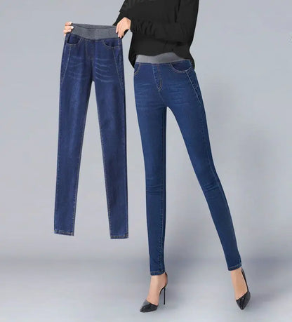 Winter Plus Velvet Stretch Jeans Women Oversize 40 High Waist Skinny Vaqueros Thick Warm Denim Trousers Fashion Mom Pencil Pants