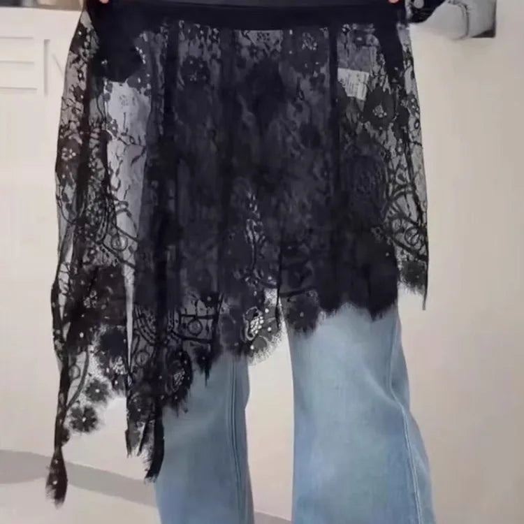 Faionable Asymmetric Lace f Skirt Women's Sli Overlap ort Skirts Summer New Arrival plus Size Korean Sle High Wa...