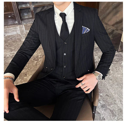 Winter Stripes Three-piece High-Grade Groom Wedding Suit with Vest And Trousers Business Fashion Handsome Casual Wedding Outfit
