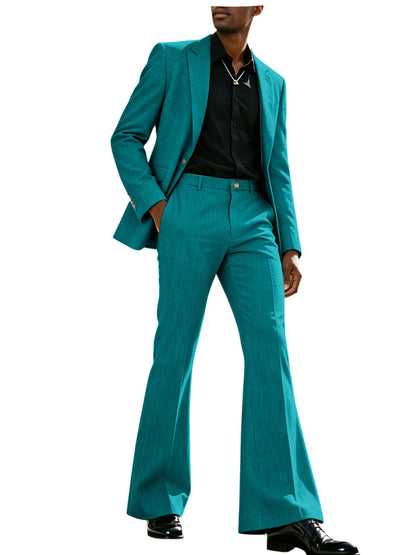 Vintage Men's Linen Suit 2 Piece Notch Lapel 2 Button Blazer Wide Leg Flare Pants Breathable Lightweight Set for Business Casual