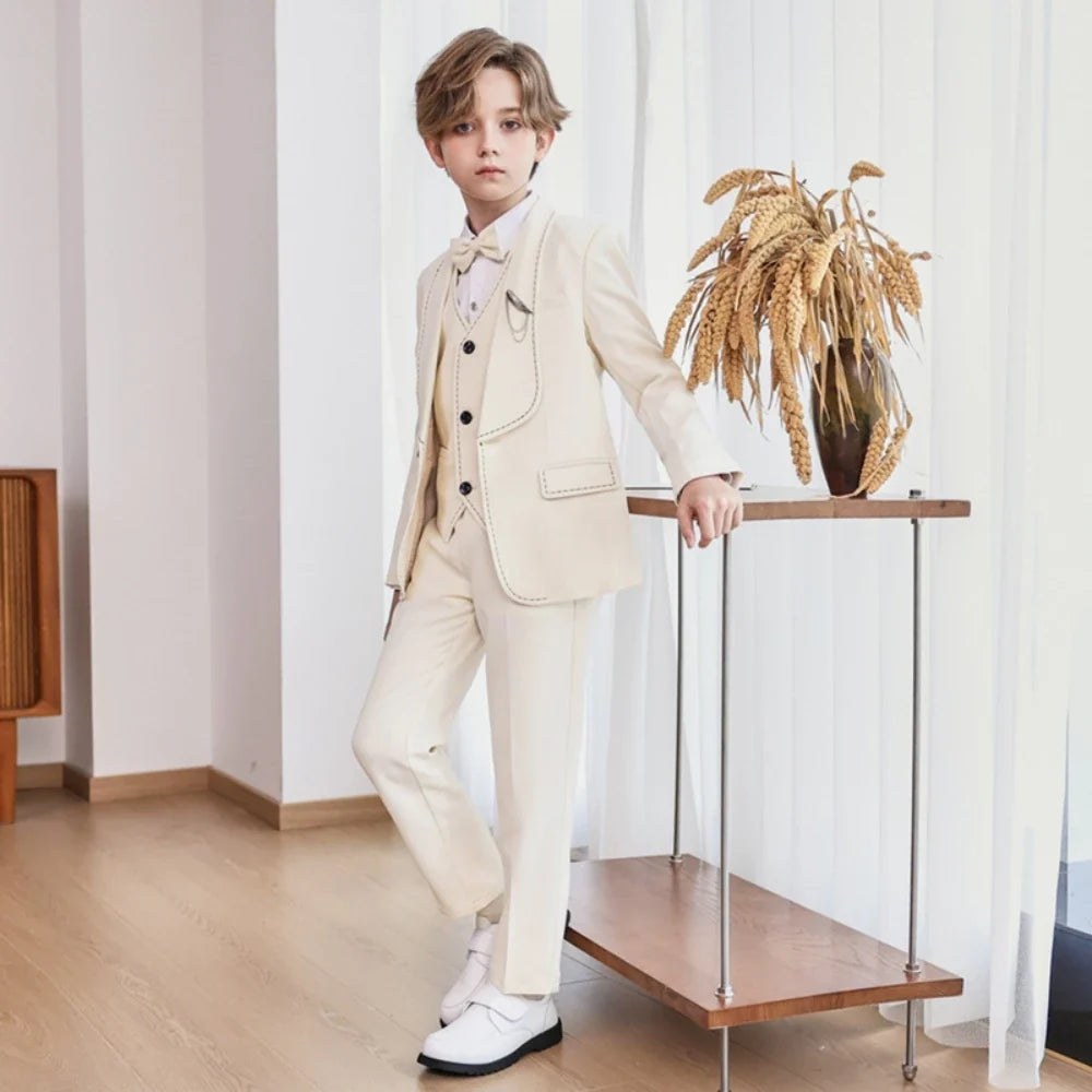 New Arrival Boys Slim Fit Suits 5 Pieces Jacket Vest Pant Bow-tie Brooch Party Wear,Smart Handsome Shawl Lapel Suit Set On Sale