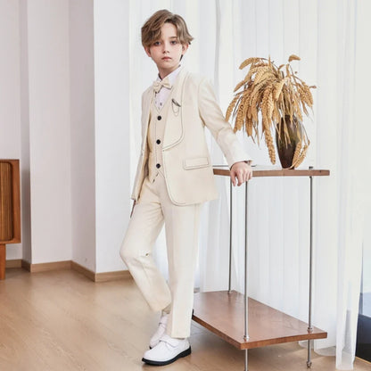 New Arrival Boys Slim Fit Suits 5 Pieces Jacket Vest Pant Bow-tie Brooch Party Wear,Smart Handsome Shawl Lapel Suit Set On Sale