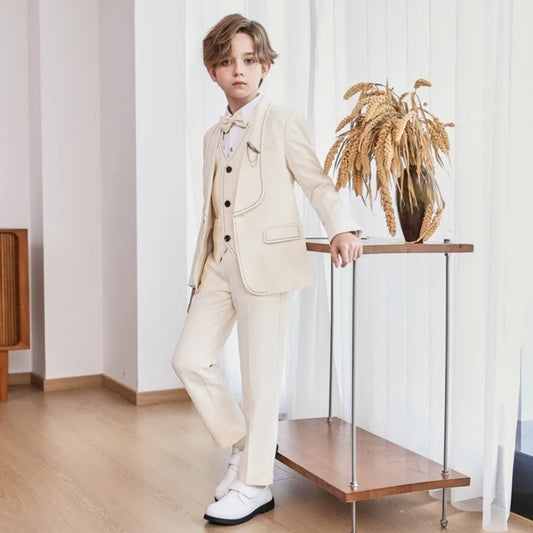 New Arrival Boys Slim Fit Suits 5 Pieces Jacket Vest Pant Bow-tie Brooch Party Wear,Smart Handsome Shawl Lapel Suit Set On Sale