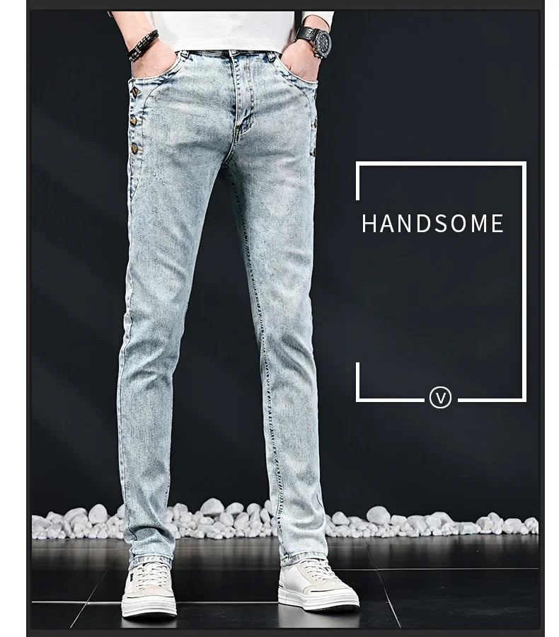 Slim Skinny Jeans Men New Elastic Korean Design Fashion Multi-Button Blue White Vintage Wash Cotton Stretch Denim Pants Trousers