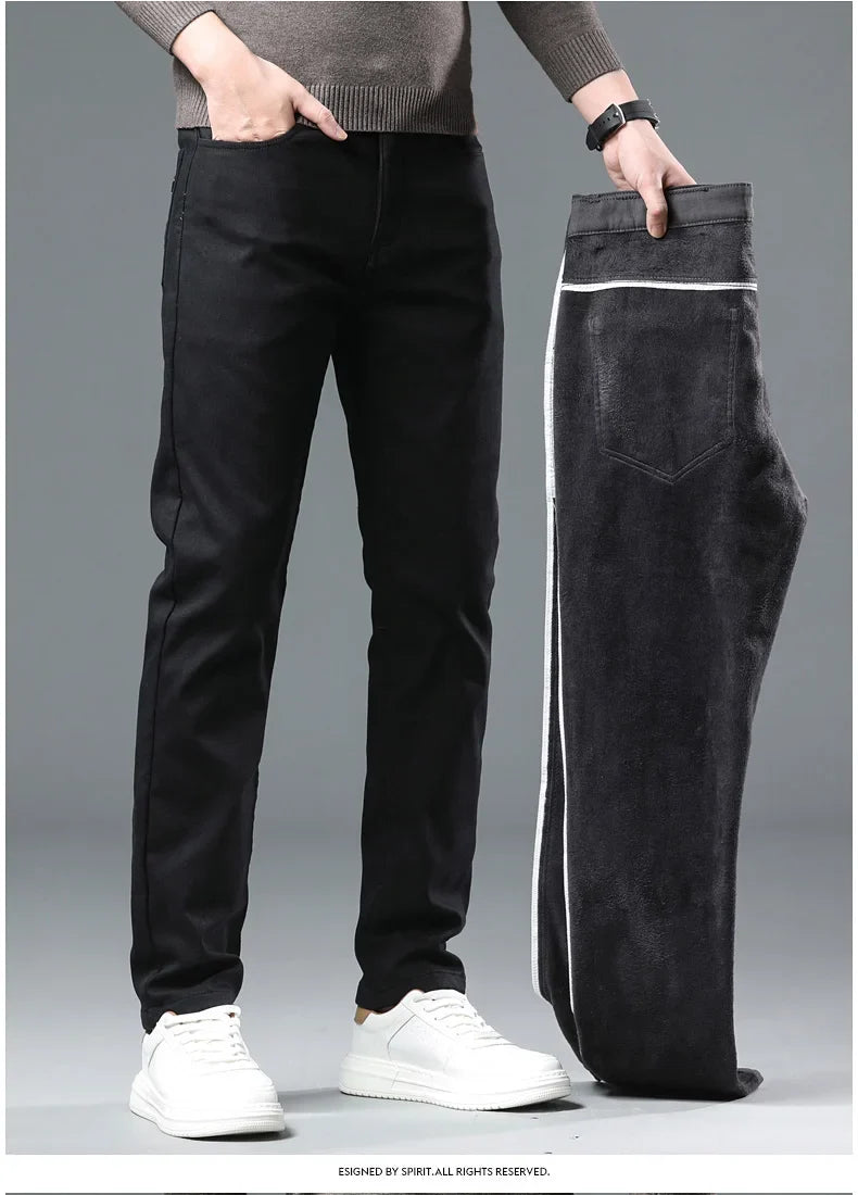 2024 Winter New Men's Warm Slim Fit Business Casual Fashion Thicken Trousers Fleece Stretch Brand Pants Black Grey Army Green