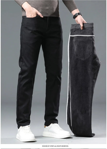 2024 Winter New Men's Warm Slim Fit Business Casual Fashion Thicken Trousers Fleece Stretch Brand Pants Black Grey Army Green